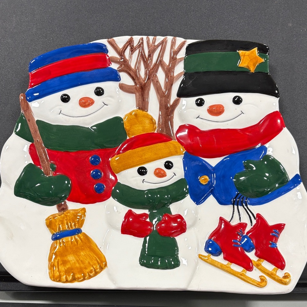 Colorful Snowman Family Ceramic Plate